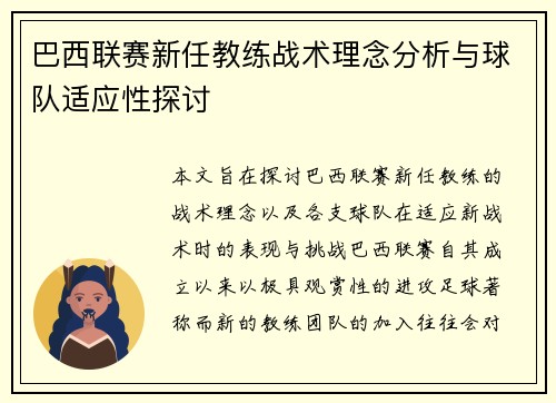 巴西联赛新任教练战术理念分析与球队适应性探讨