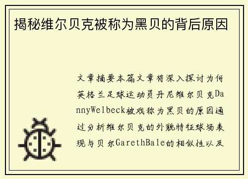揭秘维尔贝克被称为黑贝的背后原因